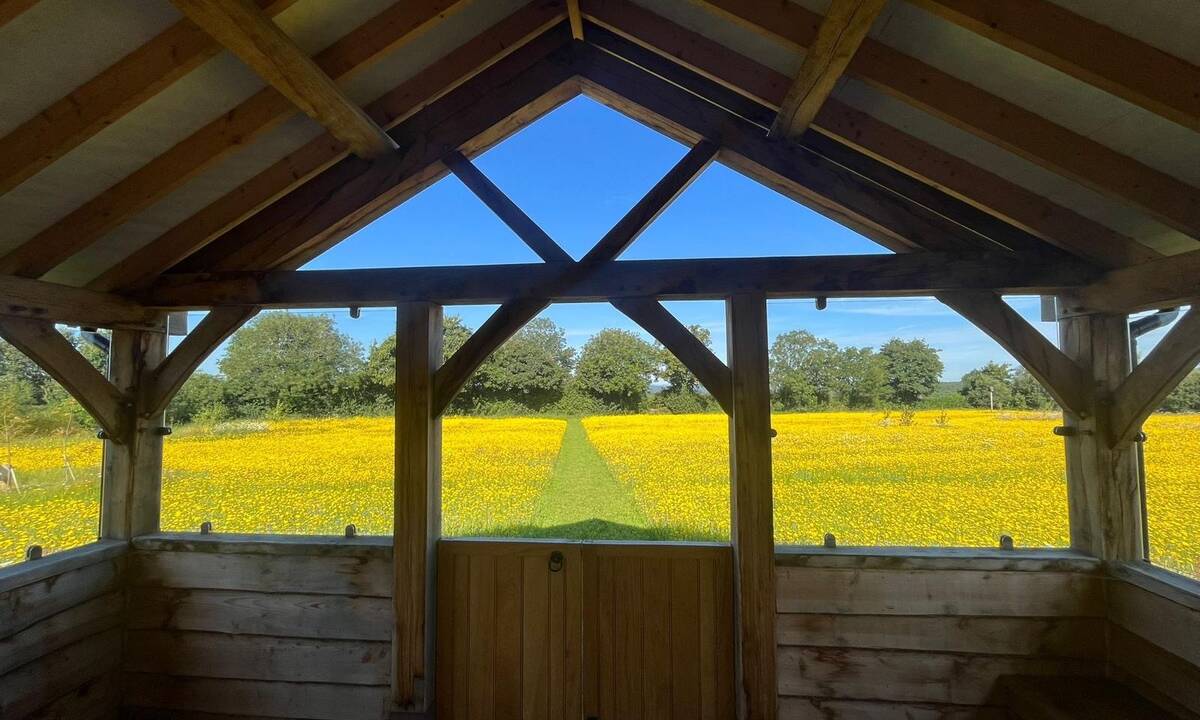 Inside the pavilion at Monument Meadow Natural Burial Ground